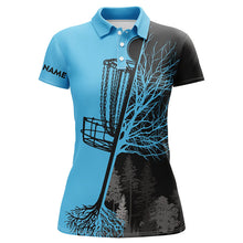 Load image into Gallery viewer, Womens disc golf polo shirts custom black and blue disc golf basket, disc golf outfit NQS7151