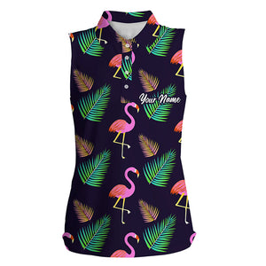 Women sleeveless polo shirt neon flamingos palm leaves pattern custom team flamingo golf shirts NQS5189