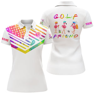 Funny women golf polo shirt watercolor American flag flamingo golf friend custom name white golf shirt NQS3575