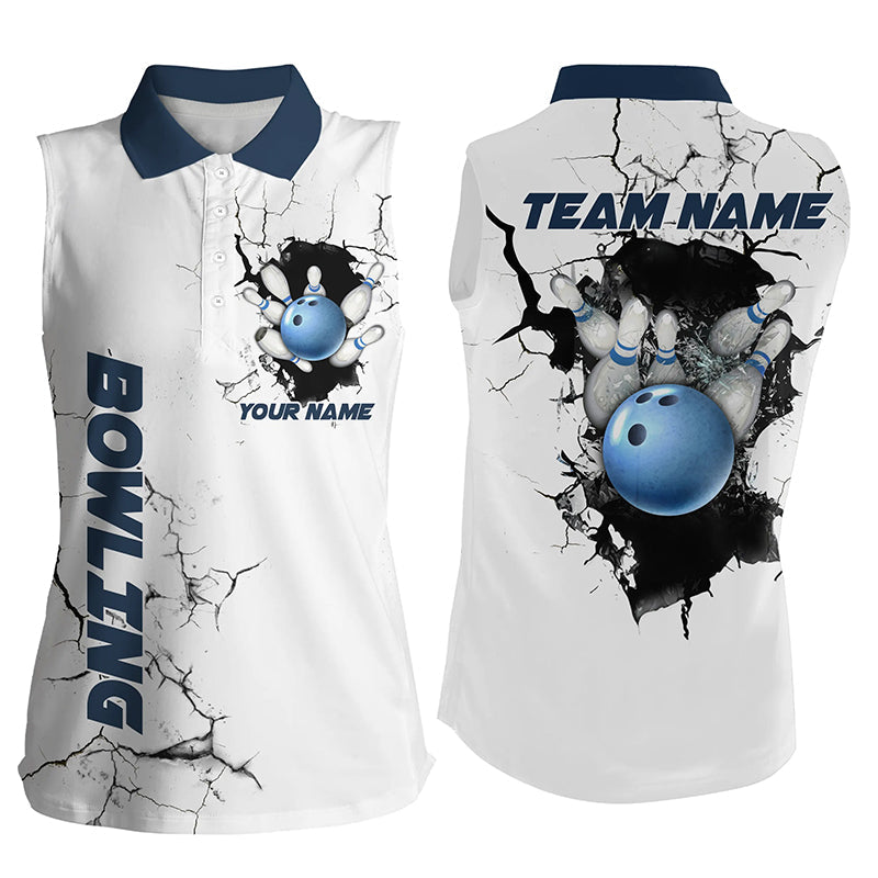 Women sleeveless polo shirt Custom Bowling ball and pins Team league Jerseys, gifts for bowlers | Blue NQS7270