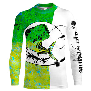 Mahi-mahi fish Dorado Fishing scales Custom white Long sleeve performance Fishing Shirts, apparel for saltwater fishing NQS2082