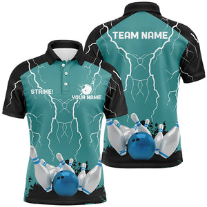 Mens polo bowling shirt Custom bowling strike lightning storm thunder team league jersey | Turquoise NQS6342