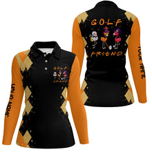 Load image into Gallery viewer, Funny women golf polo shirts orange argyle pattern black Halloween custom Flamingo golf friends NQS6349