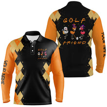 Load image into Gallery viewer, Funny mens golf polo shirts orange argyle pattern black Halloween custom Flamingo golf friends NQS6349