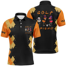 Load image into Gallery viewer, Funny mens golf polo shirts orange argyle pattern black Halloween custom Flamingo golf friends NQS6349