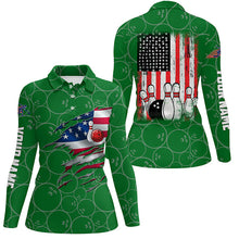 Load image into Gallery viewer, Bowling Polo shirt for women custom green vintage American flag bowling jerseys NQS6562