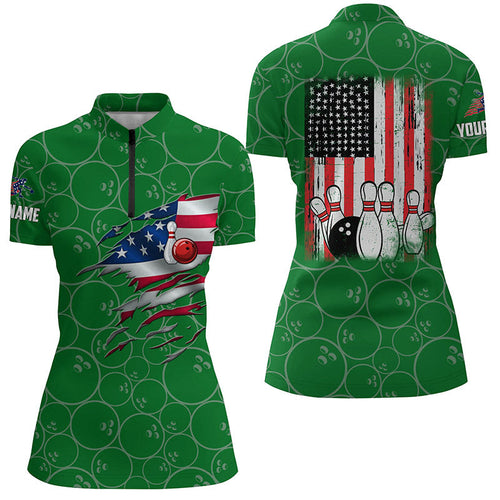 Bowling Quarter Zip Shirt for women custom green retro American flag bowling jerseys NQS6562