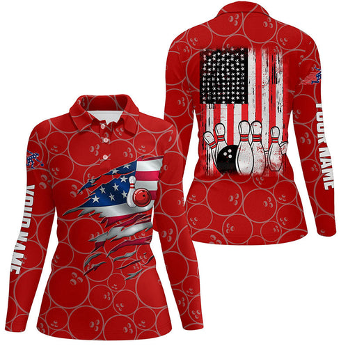 Bowling Polo shirt for women custom red vintage American flag bowling jerseys NQS6563