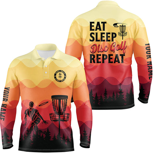 Sunset pattern Mens Disc golf polo shirts custom Eat sleep Disc golf repeat jersey, disc golf shirt NQS6826