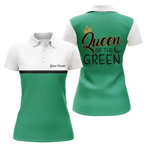 Funny Womens golf polo shirt Queen of the green custom name white and green golf shirts for women NQS4896