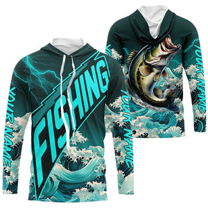 Largemouth Bass fishing Cyan Blue Ocean wave lightning thunder Custom performance Bass fishing jerseys NQS7277