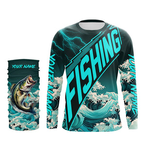 Largemouth Bass fishing Cyan Blue Ocean wave lightning thunder Custom performance Bass fishing jerseys NQS7277