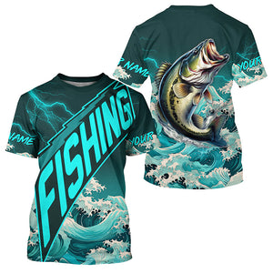 Largemouth Bass fishing Cyan Blue Ocean wave lightning thunder Custom performance Bass fishing jerseys NQS7277