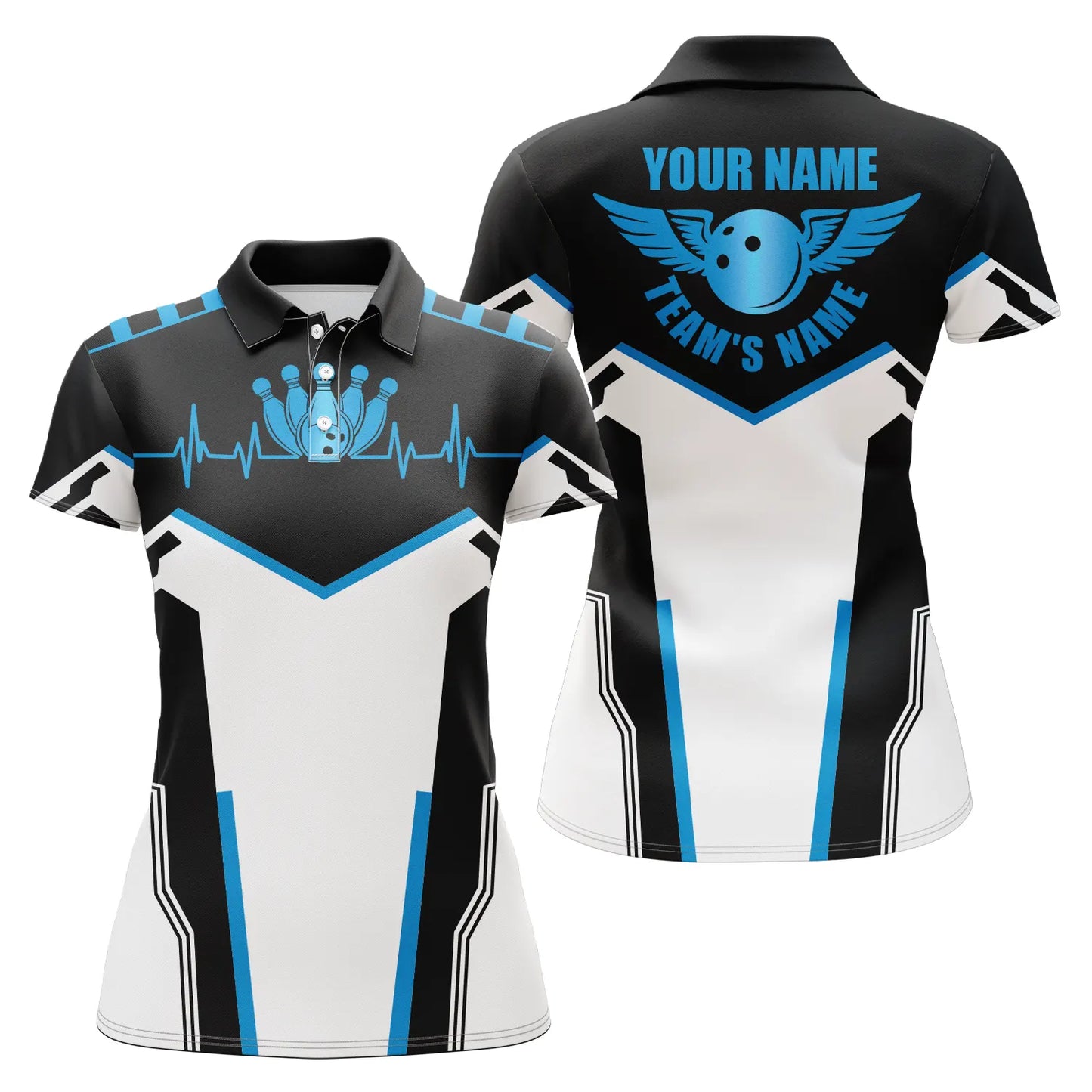 Custom Black white bowling shirt for women – personalized team jersey front view