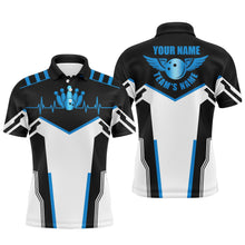 Load image into Gallery viewer, Black and white Bowling shirts for men custom name, team name Bowling Ball &amp; Pins mens polo shirts NQS4899