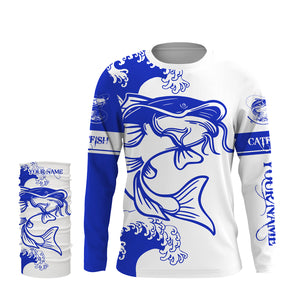 Personalized Catfish fishing tattoo jerseys, Catfish Long Sleeve Fishing tournament shirts | Blue NQS3736