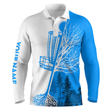 Load image into Gallery viewer, Mens disc golf polo shirt custom name blue and white disc golf basket, personalized disc golf shirts NQS4546