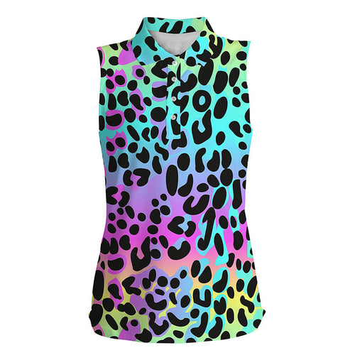 Colorful neon Rainbow leopard Womens sleeveless polo shirts, team golf shirt gift for golf lovers NQS4337