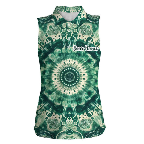 Women sleeveless polo shirt custom womens golf tops green tie dye pattern, ladies golf polo NQS7047