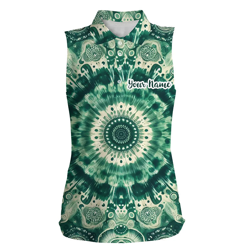 Women sleeveless polo shirt custom womens golf tops green tie dye pattern, ladies golf polo NQS7047