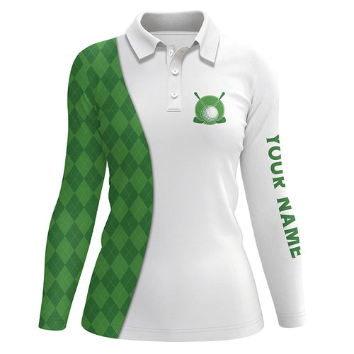 White Womens golf polo shirts custom green argyle plaid pattern golf tops, ladies golf tops NQS7291