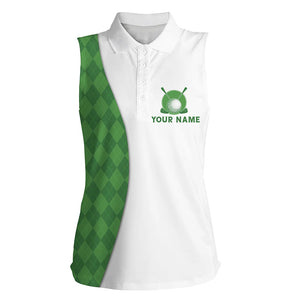 White Women sleeveless golf polo shirts custom green argyle plaid pattern golf tops, ladies golf tops NQS7291