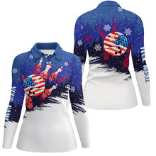 Load image into Gallery viewer, Womens Bowling Polo Shirts Custom Christmas Bowling Santa pins American Flag team Ladies blue Jersey NQS6614