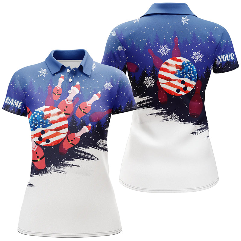 Womens Bowling Polo Shirts Custom Christmas Bowling Santa pins American Flag team Ladies blue Jersey NQS6614