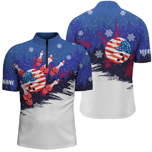 Mens Bowling Quarter-Zip Shirts Custom Christmas Bowling Santa pins American Flag team mens Jersey NQS6614