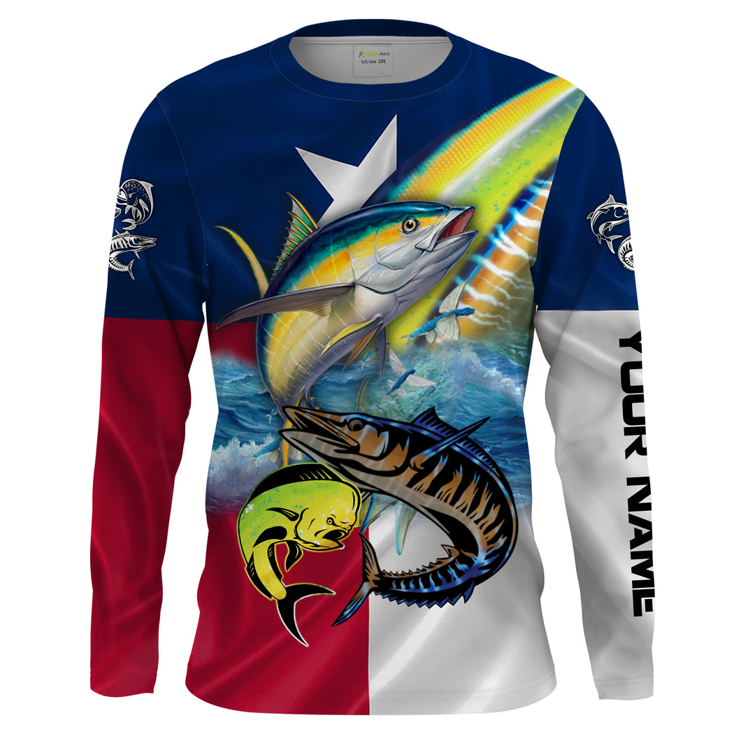 Mahi Mahi, Wahoo, Tuna fishing Texas flag UV protection Customize name long sleeves UPF 30+ personalized fishing gift NQS1971