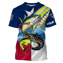 Load image into Gallery viewer, Mahi Mahi, Wahoo, Tuna fishing Texas flag UV protection Customize name long sleeves UPF 30+ personalized fishing gift NQS1971