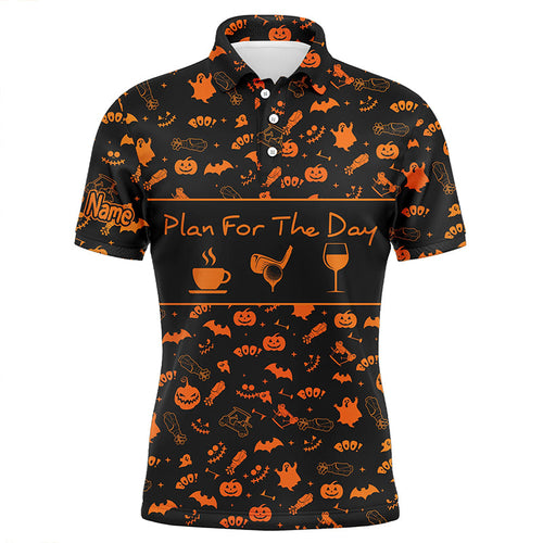 Black orange Halloween background custom Mens golf polo shirts plan for the day coffee golf wine NQS6396