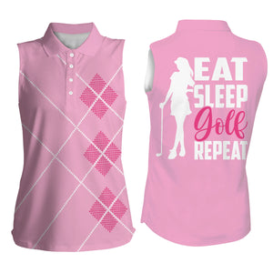 Women sleeveless polo shirts eat sleep golf repeat pink argyle pattern ladies golf top for women NQS4733