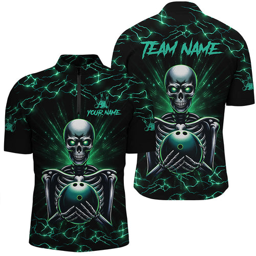 Green skull lightning bowling Quarter Zip shirts for men Custom Team bowling jerseys, gift for bowlers NQS7304