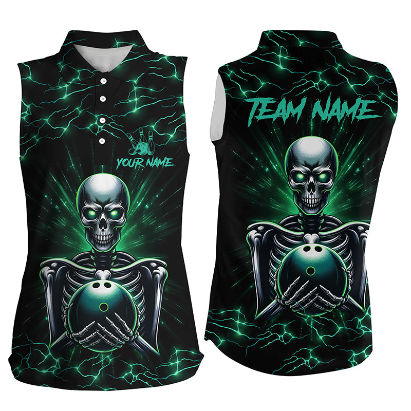 Green skull lightning bowling sleeveless polo shirt for women Custom bowling jerseys, gift for bowlers NQS7304