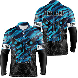 Personalized Skull Bowling Shirt for men Custom Team's Name blue camo Bowler Jersey Polo Shirt NQS6410