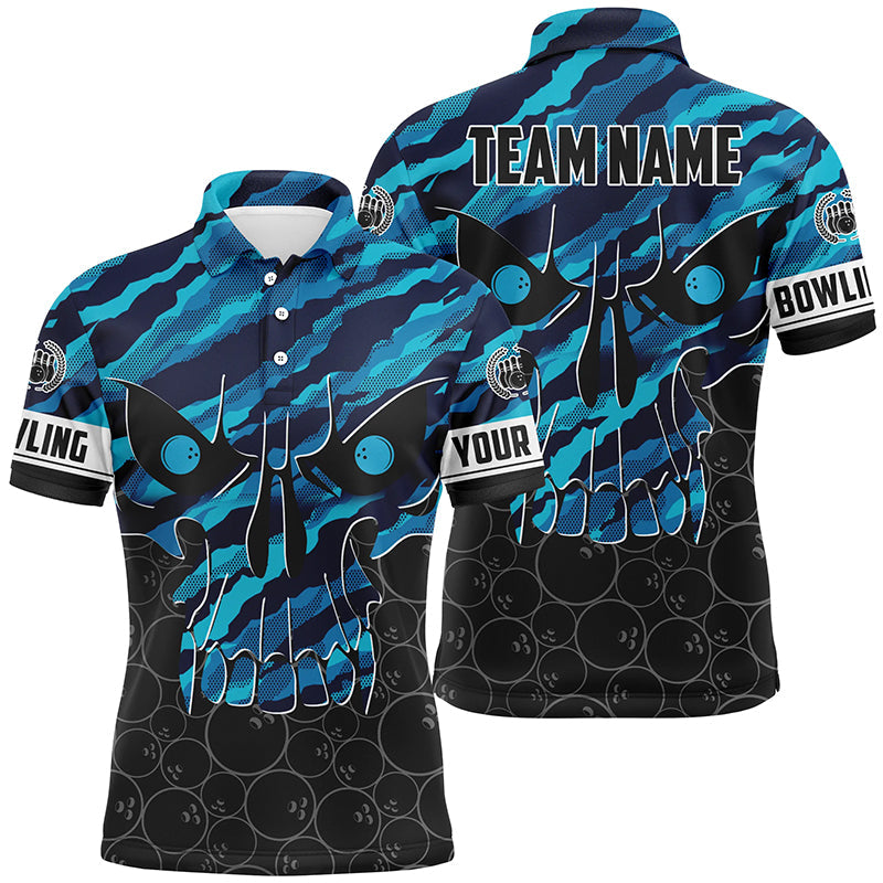 Personalized Skull Bowling Shirt for men Custom Team's Name blue camo Bowler Jersey Polo Shirt NQS6410