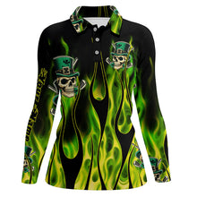 Load image into Gallery viewer, Women golf polo shirts Green clover skull St Patrick&#39;s Day golf shirts custom green fire golf apparel NQS7055