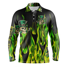 Load image into Gallery viewer, Mens golf polo shirts Green clover skull St Patrick&#39;s Day golf shirts custom green fire golf apparel NQS7055