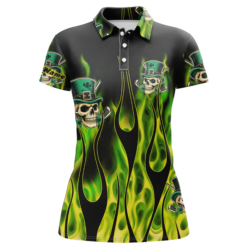 Women golf polo shirts Green clover skull St Patrick's Day golf shirts custom green fire golf apparel NQS7055