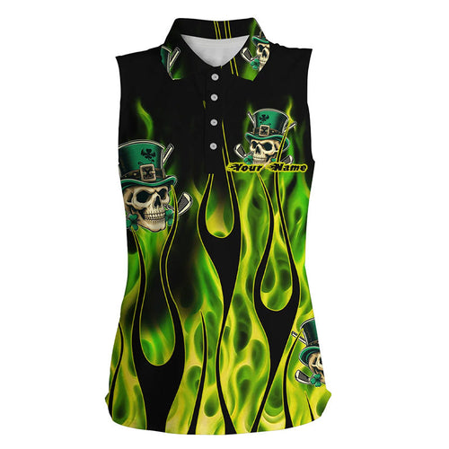 Women sleeveless polos Green clover skull St Patrick's Day golf shirts custom green fire golf apparel NQS7055