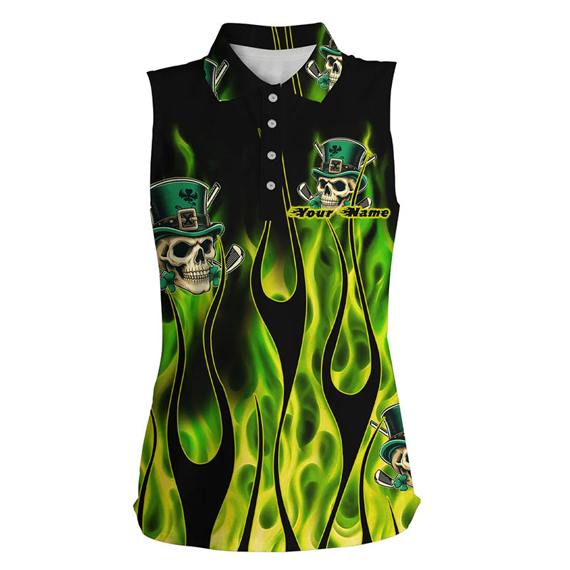 Women sleeveless polos Green clover skull St Patrick's Day golf shirts custom green fire golf apparel NQS7055