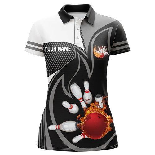 Black and White Bowling polo Shirt for women Custom red flame team bowling ball and pins Jerseys NQS7172