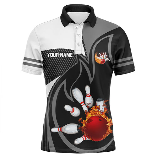 Black and White Bowling polo Shirt for men Custom red flame team bowling ball and pins Jerseys NQS7172