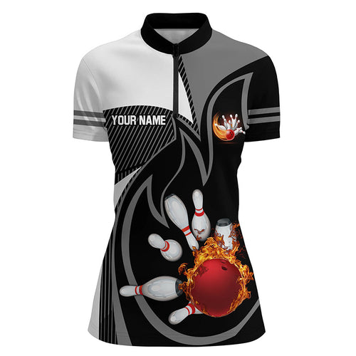 Black and White Bowling Quarter Zip Shirt for women Custom red flame team bowling ball pins Jerseys NQS7172