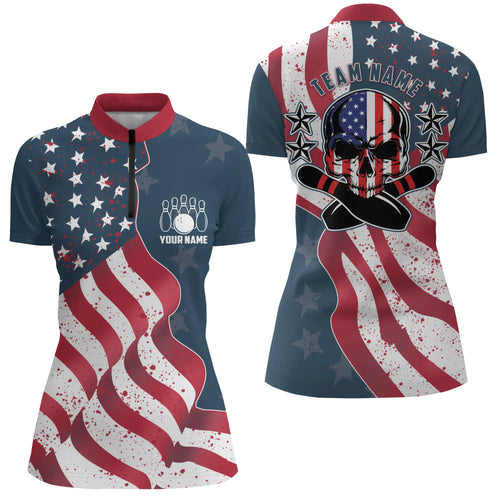 Vintage American flag patriotic skull Bowling Quarter Zip shirts for women custom Bowling team jerseys NQS5001