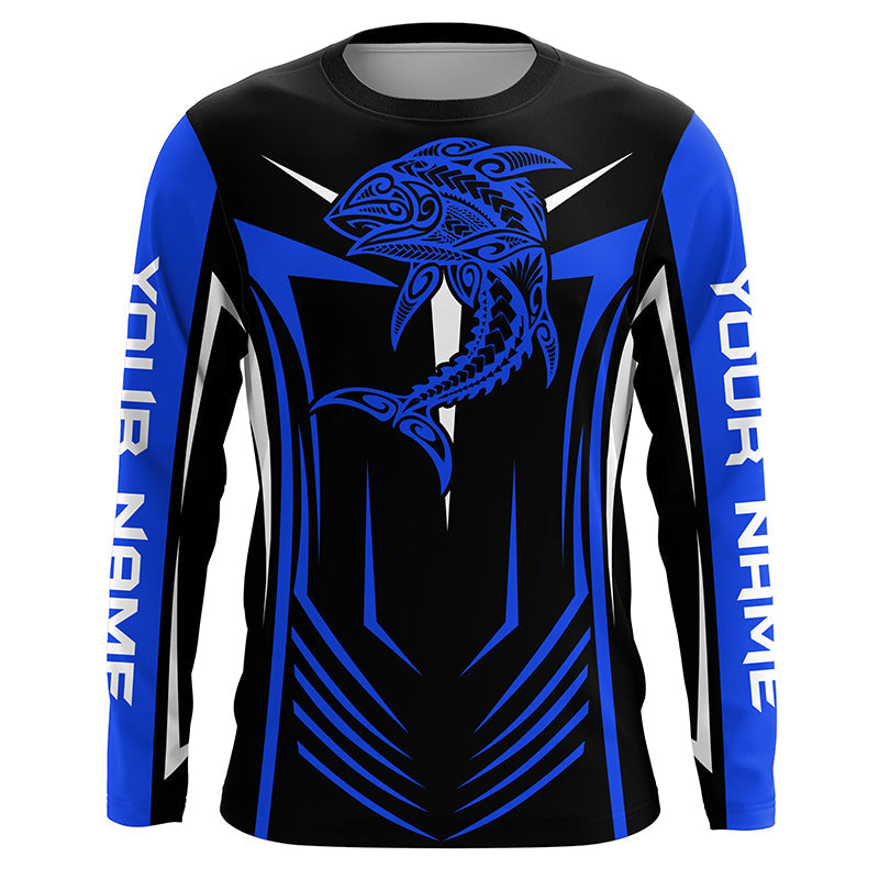 Tribal Tuna Fishing tattoo jerseys custom performance Long Sleeve tournament fishing shirts | Blue NQS6433