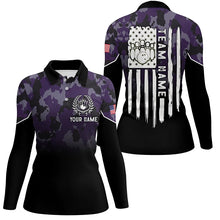 Load image into Gallery viewer, Black purple camo Women bowling polo shirts Custom American flag patriotic bowling team league jerseys NQS6658