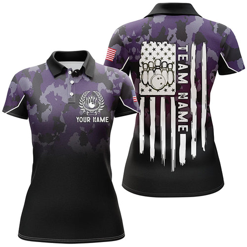 Black purple camo Women bowling polo shirts Custom American flag patriotic bowling team league jerseys NQS6658