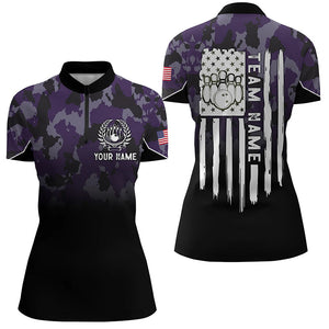 Black purple camo Womens bowling Quarter Zip shirt Custom American flag patriotic bowling team jerseys NQS6658